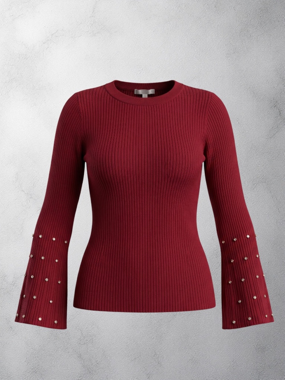DESIGN HISTORY Burgundy Stretch Rib Knit Rhinestone Embellished Flare‎ Sleeve